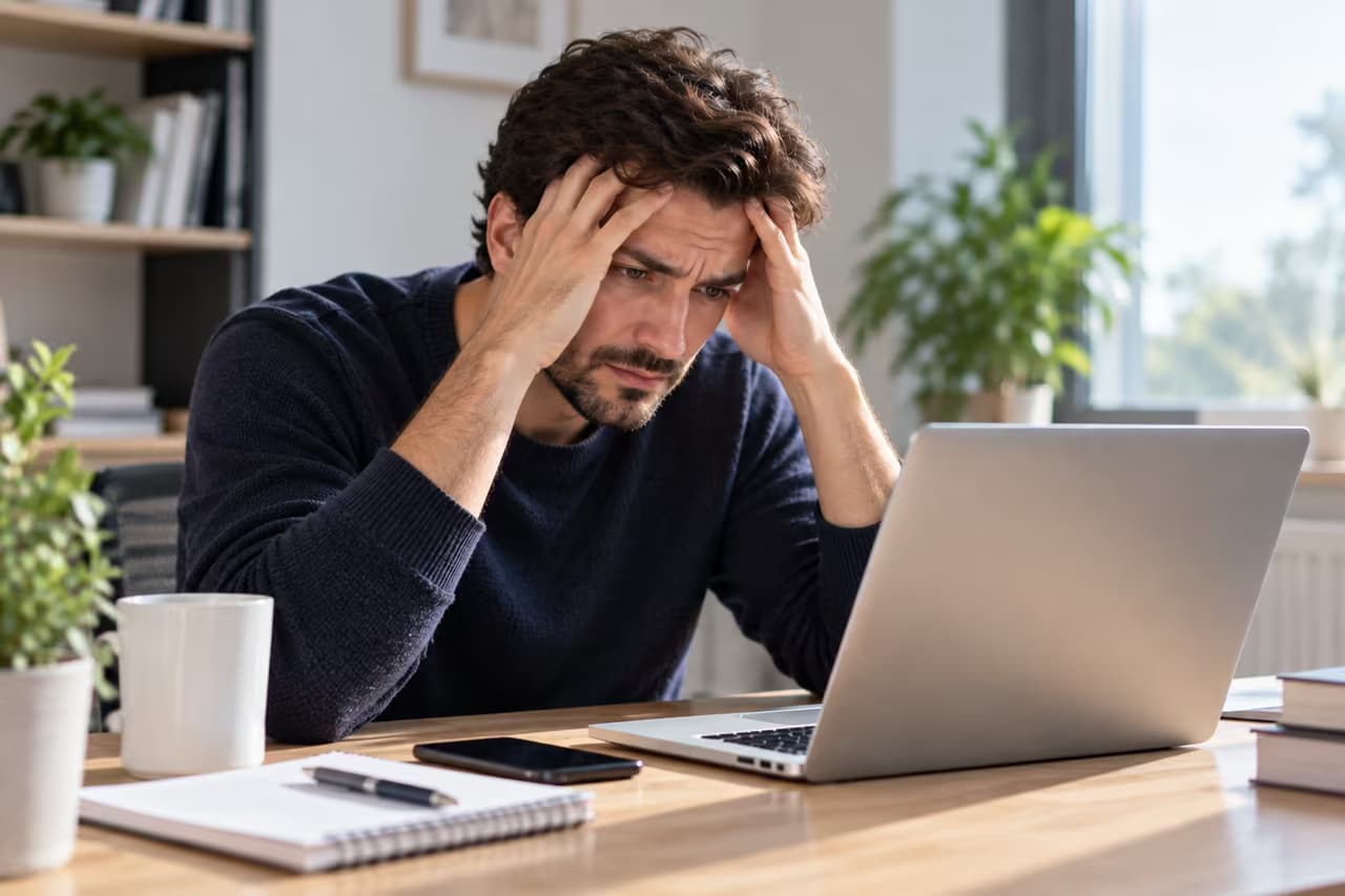 Une personne se tient la tête, absorbée par une réflexion sur son avenir professionnel.