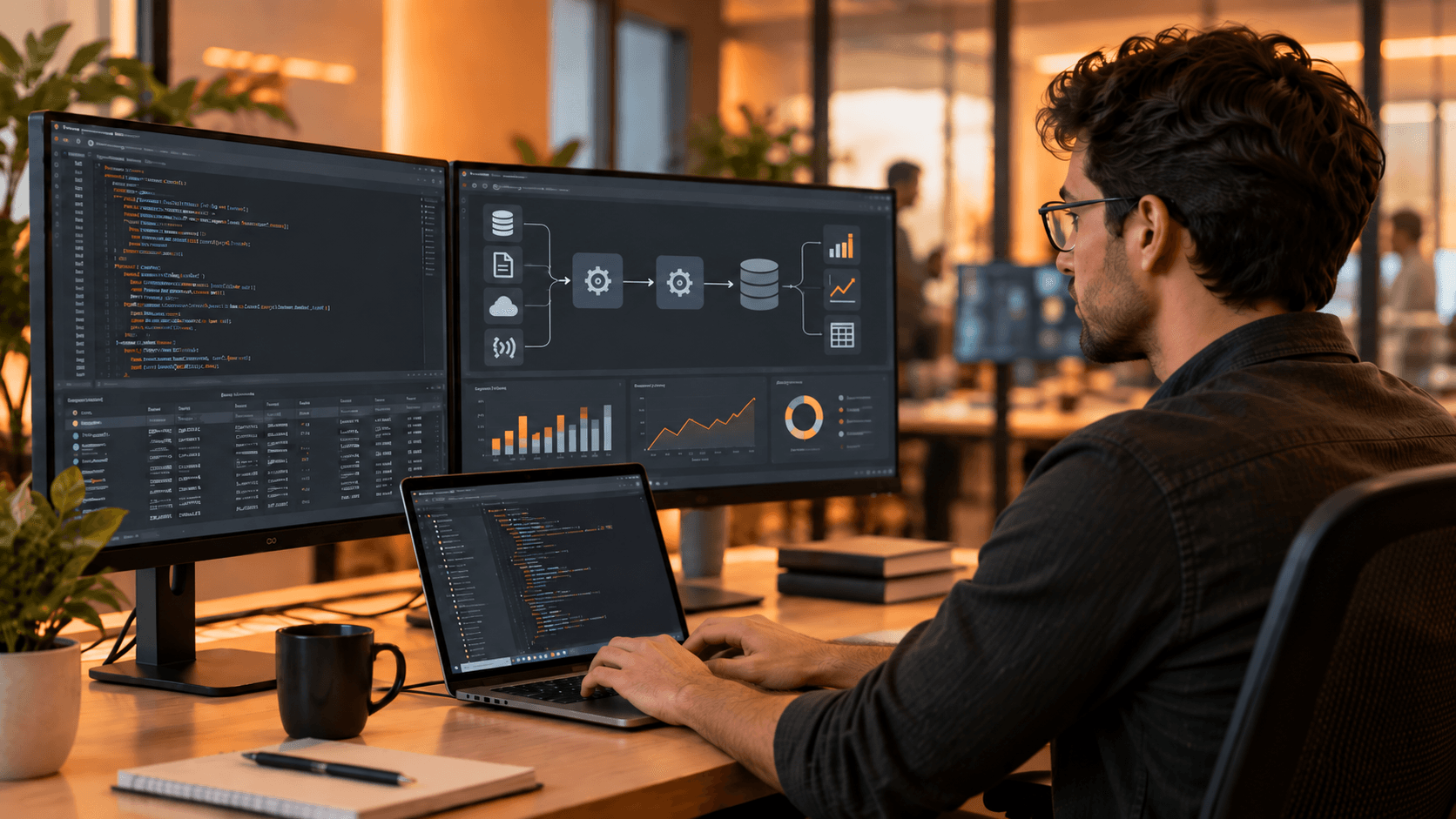 Data engineer devant deux écrans affichant du code et un schéma de pipeline