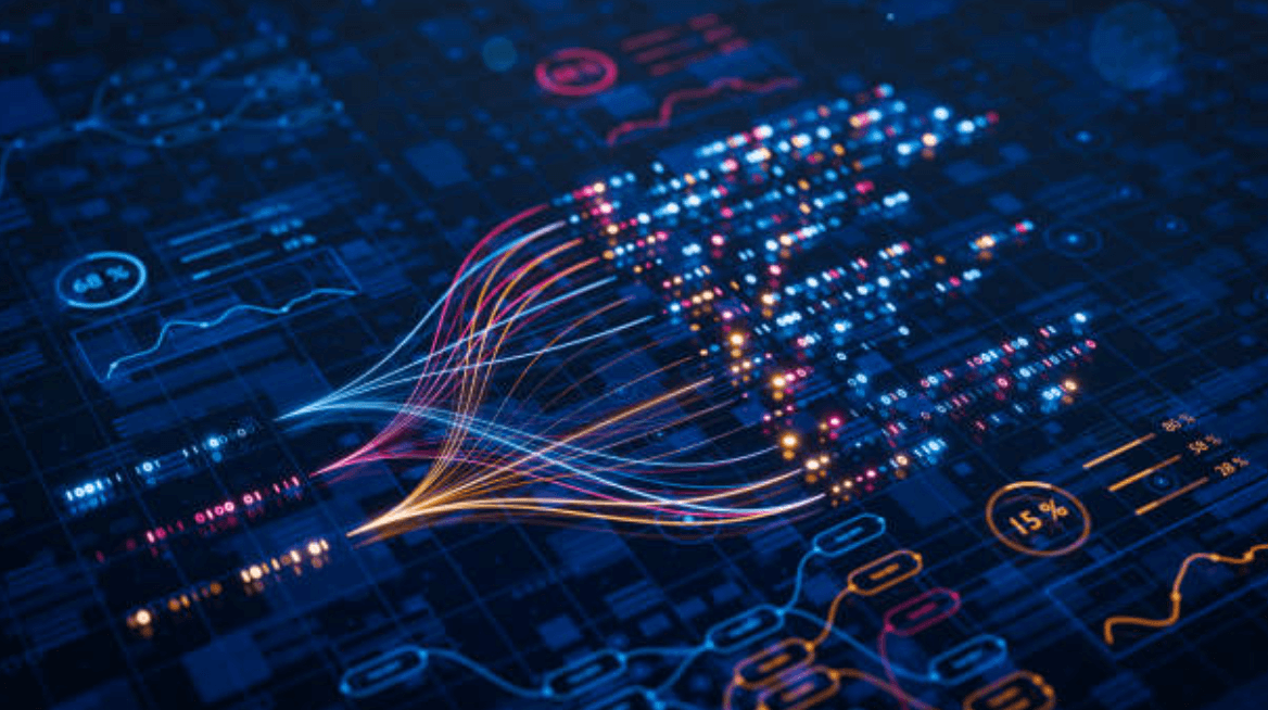 Faisceaux lumineux convergeant vers une grille de données