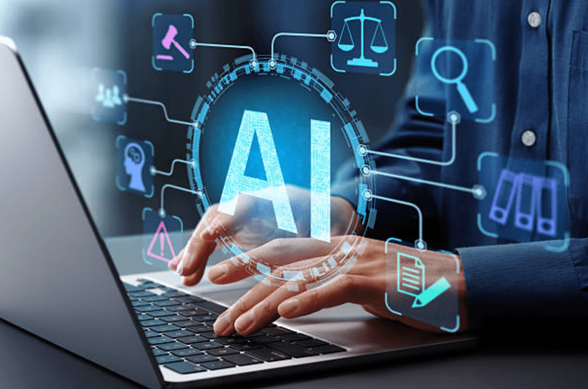 Mains sur un clavier, sigle « AI » relié à des icônes de documents et de conformité