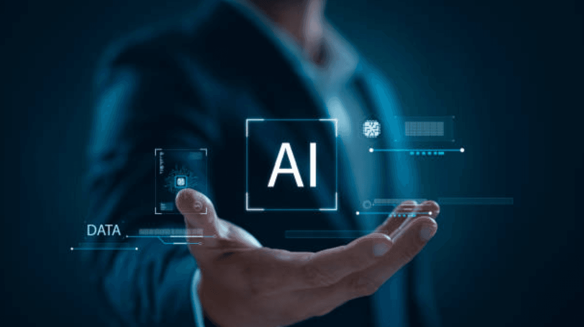 Main ouverte présentant une interface où figurent les mentions « AI » et « Data »