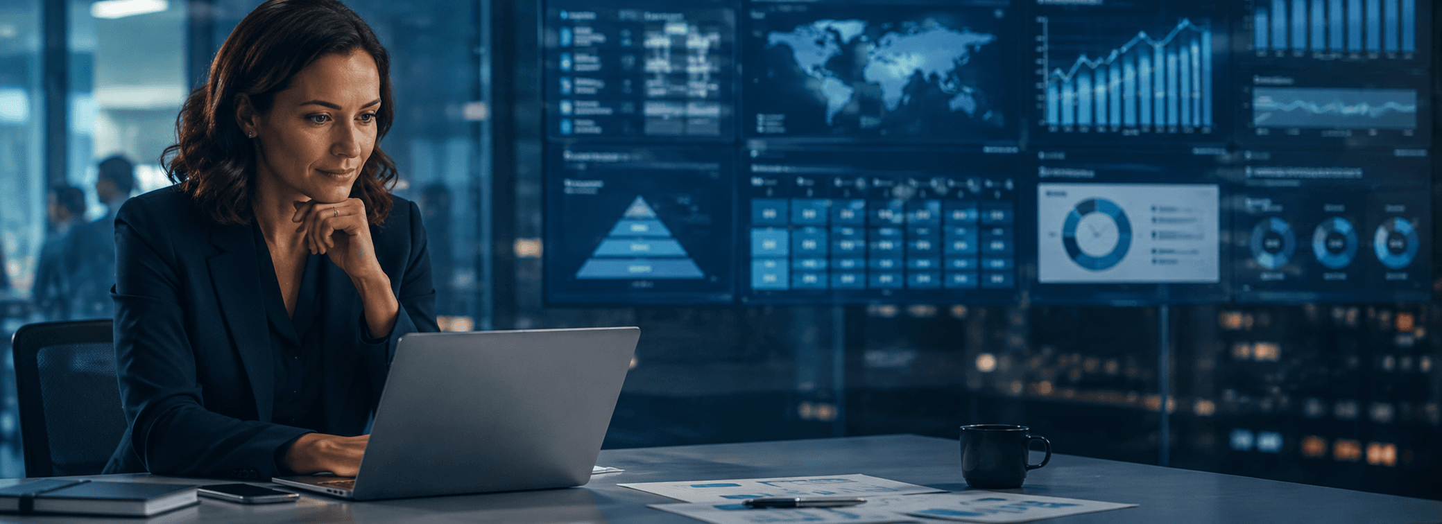 Manageuse cybersécurité devant un mur de tableaux de bord